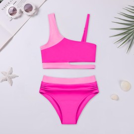Girls 2 Piece Bathing Suits Kids Color-Blocking High Waist Bikini Set Teen Swimsuit Beach Swimwear for 15-16 Years Pink