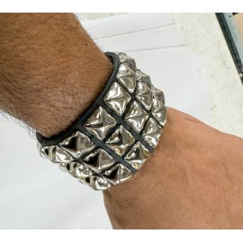 Undisclosed Studded Punk Rock 3 Row Nickel Pyramid Bracelet Snap Wrist Cuff Genuine Leather