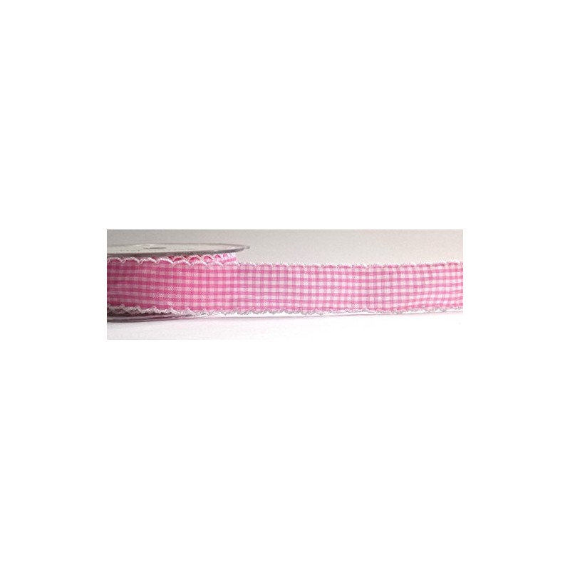 Bertie's Bows Baby Pink Gingham Print White Lace Edge 25mm