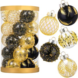 25Pcs 6cm/2.36" Christmas Tree Baubles Shatterproof Plastic Xmas Tree Decorations Christmas Balls Ornament Hanging Pendants Holiday Party Festival Decor (Black-Gold)