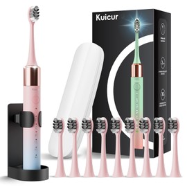 Kuicur Portable Electric Soft Toothbrush with Travel Case, 90-Day Largest Battery Life, 10 Brush Heads, 5 Modes Deep Clean, Ergonomically-Designed for Enhanced Comfort - Ideal Gift for Adults & Kids