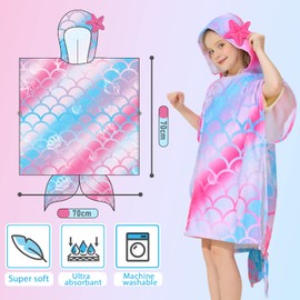 Mermaid Children's Hooded Beach Towels - Quick-Drying Children's Poncho with Hood 70 x 70 cm Bath Towels Bath Towel Towels for Children Girls Soft Hood Beach Towels for Beach Bath Swimming Pool