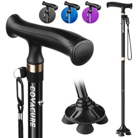 COVACURE Walking Cane for Men & Women -[Seniors Friendly]- Foldable, Adjustable Walking Canes with Heavy Duty Pivot Large Base, Aluminum Alloy Walking Stick with Carry Bag for Seniors & Adults