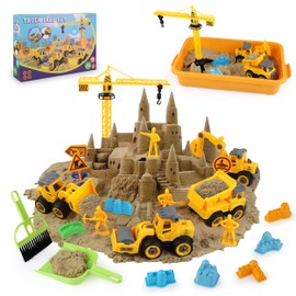 WICOTOO Sand Construction Kit,Sandbox,2.2lbs Magic Sand W/4 Take Apart Construction Trucks,Tower Crane,8 Sand Molds,4 Worker Figures,4 Road Signs,Toys for Boys Girls Age 4-8 Yellow,Brown