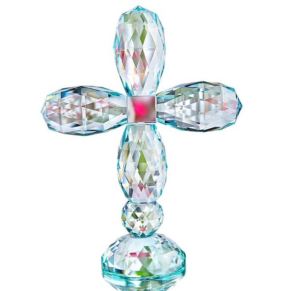 H&D HYALINE & DORA Crystal Cross Standing Colorful Traditional Cross Figurine 7" Tall Glass Craft Decoration for Christmas Gifts (Cyan Blue)