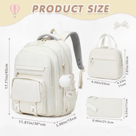 GeeWin Beige Backpack for Girls, School Bags for Girls, Bookbag for Kids Teens Children Elementary Middle School Student, 3PCS Waterproof Kids Backpack Daypack with Insulated Lunch Bag & Pencil Bag