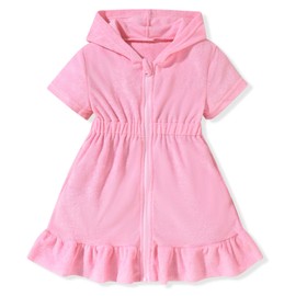 MINIFEIKO 3T Toddler Girls Swim Cover Up Swimsuit Hooded Coverup Zip Up 3-4T Pink
