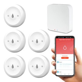Water Leak Detector Kit，1 Smart Gateway, 5 Wireless Leak detectors, Wireless Mini Flood detectors for Alarm Systems and Smart Home Automation, Suitable for Kitchens and bathrooms