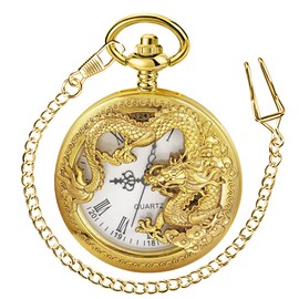 Tiong Gold Vintage Hollow Engraved Dragon Pocket Watch with Chain Necklace Unique Roman Numerals Men Pocket Watches Best Gifts