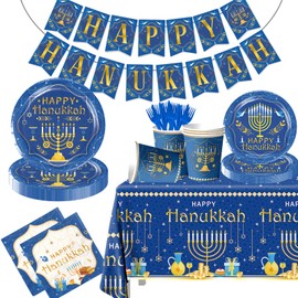 142PCS Hanukkah Party Decoration,Hanukkah Menorah Party Theme Tableware Set Include Plates Napkins Cups Tablecloth Banner for Indoor Yard Outdoor Supplies