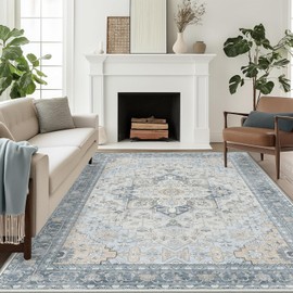 BEIMO Area Rugs 8x10 Machine Washable Vintage Distressed Print Blue Floral Medallion Large Accent Bedroom Living Room Rug, Low Pile Ultra-Thin Lightweight Non Slip with Gripper