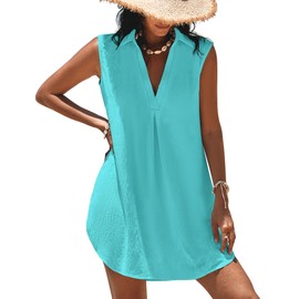 Halife Swim Cover Up for Women Summer Cute V Neck Sleeveless Swimsuit Coverup Blouse Bikini Beach Cover Ups Vacation Dresses Blue Green S