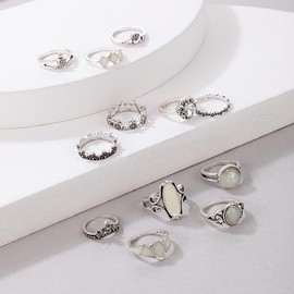 EILEIAC Retro Carved Heart-Shaped Stackable Opal Gemstone Dripping Rings Set for Women,Vintage Boho Gothic Punk Hollow Carved Turtle Cutout Crown Y2k Ring (A)