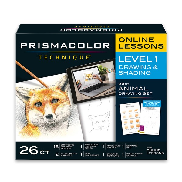 Prismacolor Technique Digital Art Lesson, Animal Drawing Set, Level 1 How to Draw Animals with Colored Pencils, Graphite Pencils, Fox Drawing Lesson, Holiday Gift for Artists, Stocking Stuffer, 26 Ct