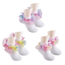 3 Pairs Toddler Girls Double Lace Socks Girls Ruffle Socks Rainbow Socks Turn Cuff Shimmering Big Ruffle Dress Lace Socks for Infant Kids