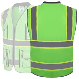 JKSafety 10 Pockets Hi-Vis Zipper Front Fluorescent Green Safety Vest | Cushioned Collar | High Reflective Tapes with Extended Neon Yellow Strips | Meets ANSI/ISEA Standards (5X-Large, 89-Green)
