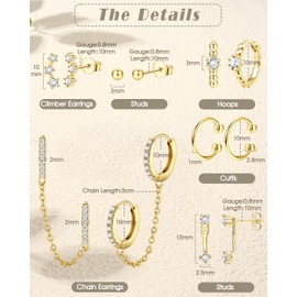 LOLIAS 14K Gold Stud Earrings Hoop Earrings for Women Surgical Hypoallergenic Stud Earrings Chain Earrings Ear Cuff Huggie Hoop Earrings for Women Cartilage Helix Ear Piercing Earrings Sets for
