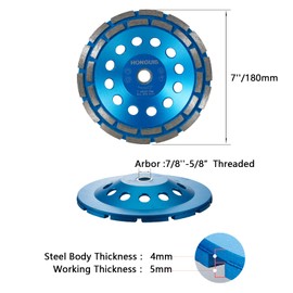 HONGUIS 7 inch Concrete Grinding Wheel,7/8"-5/8" Threaded Arbor Diamond Cup Wheel Double Row for Granite Marble Masonry Stone with Concrete Grinder(7/8"-5/8")