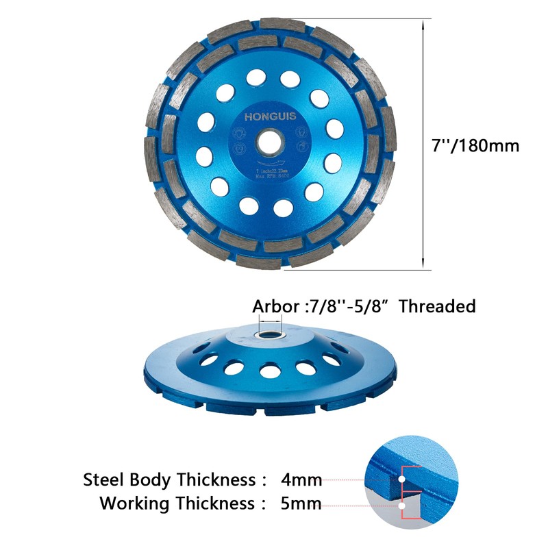 HONGUIS 7 inch Concrete Grinding Wheel,7/8"-5/8" Threaded Arbor Diamond Cup