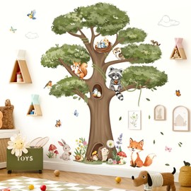 decalmile Wandsticker Kinderzimmer Waldtiere Baum Groß Wandtattoo Fuchs Hase Eichhörnchen Wandaufkleber Babyzimmer Schlafzimmer Wohnzimmer Wanddeko