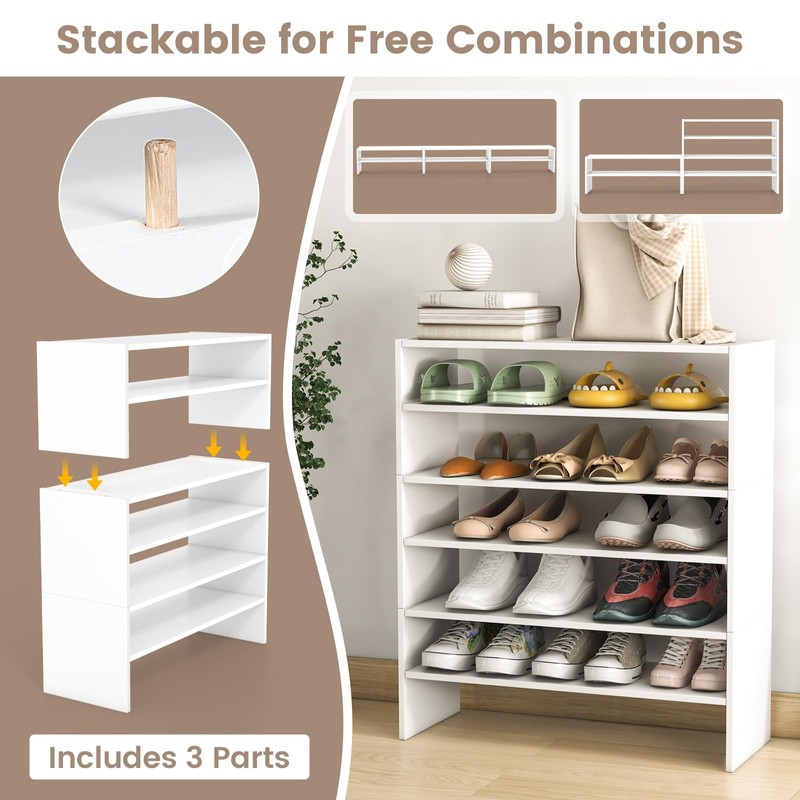 Byroce Stackable Shoe Rack, 6 Tier Wooden Shoe Organizer for