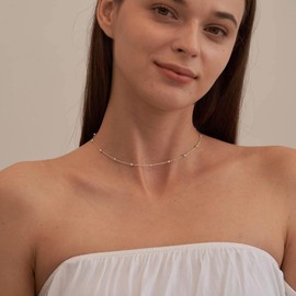 Tewiky Gold Chain Necklace for Women, Thin Beaded Wave Box Dainty Necklace Simple Layered Choker Necklaces Link Chain Trendy Jewelry, SL2A