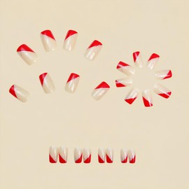 Red French Tip Press on Nails Short Square Fake Nails Glitter Lines Acrylic Stick on Nails Nude Nails Reusable Glue on Nails Natural False Nails Holiday Daily for Women Girls 24PCS