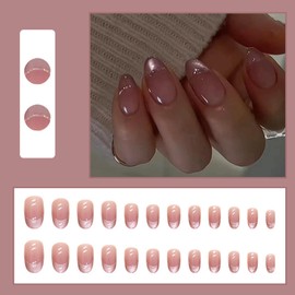 Ceboic Pack of 24 Almond French Press on Nails, Full Cover Medium Nails for Sticking, Acrylic Pink Gradient Artificial Nails, Ballerina Fingernails for Gluing on for Women and Girls