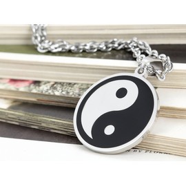 Flongo Stainless Steel Pendant Necklace Silver Black Tai Chi Yin and Yang Polished Men's with 55 cm Chain, Stainless Steel, No Gemstone