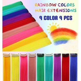 Fcysws Coloured Hair Extensions Clips, 9 Pieces Colourful Hair Extensions Clip Rainbow Colour Straight Synthetic Hairpiece Party Highlights Colourful Clip in Hair Extensions for Women, Girls, Children