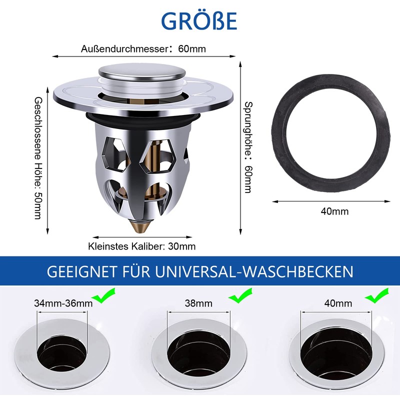 Sink Plug 2 Pieces, Universal Pop Up Drain Strainer Drain