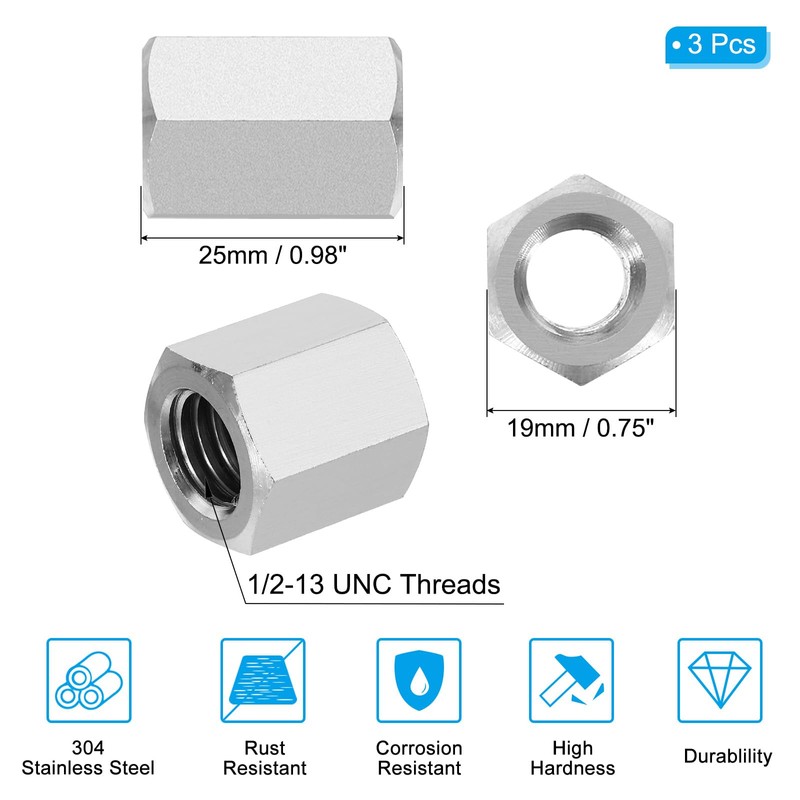 PATIKIL 1/2"-13 UNC 304 Stainless Steel Hex Coupling Nuts, 3Pcs