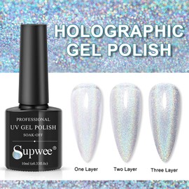 SUPWEE Universal Holographic Gel Polish Silver Glitter Nail Polish Gel Laser Nail Gel Polish Glossy Iridescent Mermaid Effect Varnish Soak Off UV Gel Nail Art for Nail Salon 10ml(0.33fl.oz)