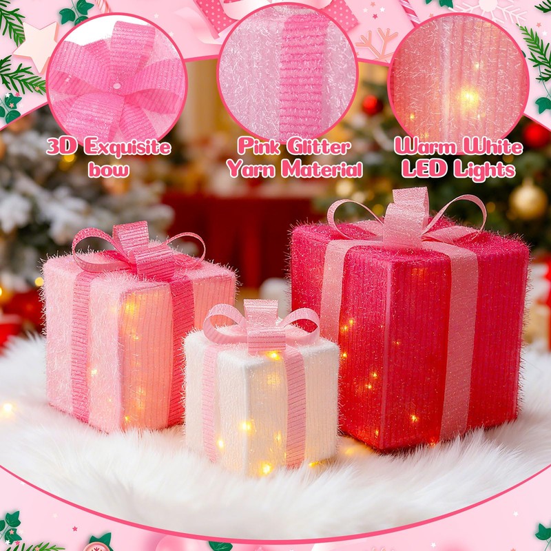 Set of 3 Pink Christmas Lighted Gift Boxes with Pink