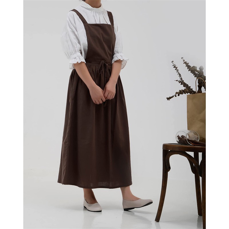 ACHSOO Cotton Solid Color Pinafore with Pockets Cross Back Straps