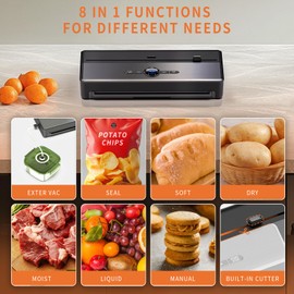 Vacuum Sealer Machine, 85kPA Automatic Food Sealing for Dry/Moist Food Fresh Saver, 8-in-1 Food Storage with Digital Countdown | Built-in Bags Storage & Cutter | 1 Roll and 5 Pre-cut Bags