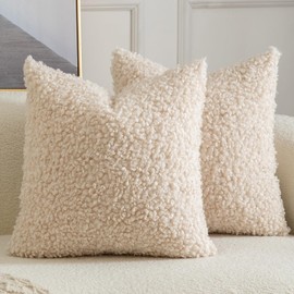 YAERTUN Pack of 2 Faux Fur Throw Pillow Covers Decorative Sherpa Boucle Pillow Covers Fuzzy Soft Pillowcases Sheepskin Fleece Cushion Case for Couch Sofa Bed Living Room 16x16 Inch Beige