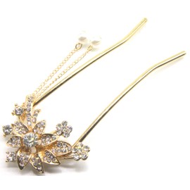 Miaomyao Hair Ornament, Kinkzashi, Hair Ornament, Kimono, Sleeve Closure, Metal, Antique Crystal Flower, Cubic Zirconia, U-shaped Comb, Hair Accessory (Gold)