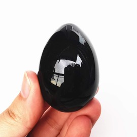 Manekieko Black Obsidian Egg-shaped Meditation Chakra and Home Decoration for Balancing Gemstones and Crystal Figures, 5 x 3.5 cm Reiki Healer and Yoga Practitioner with Wooden Stand
