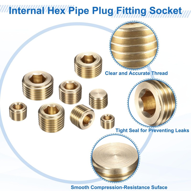 sourcing map 6Pcs 1/4 NPT Brass Pipe Plug Fitting, Male