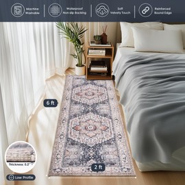 PURRUGS Vintage Farmhouse Boho Runner Rug 2x6 ft, Non-Slip Machine Washable Rug, Accent Oriental Area Rug for Kitchen, Hallway, Entryway, Bedroom, Living Room and Dining Room, Coral Red/Marine Blue