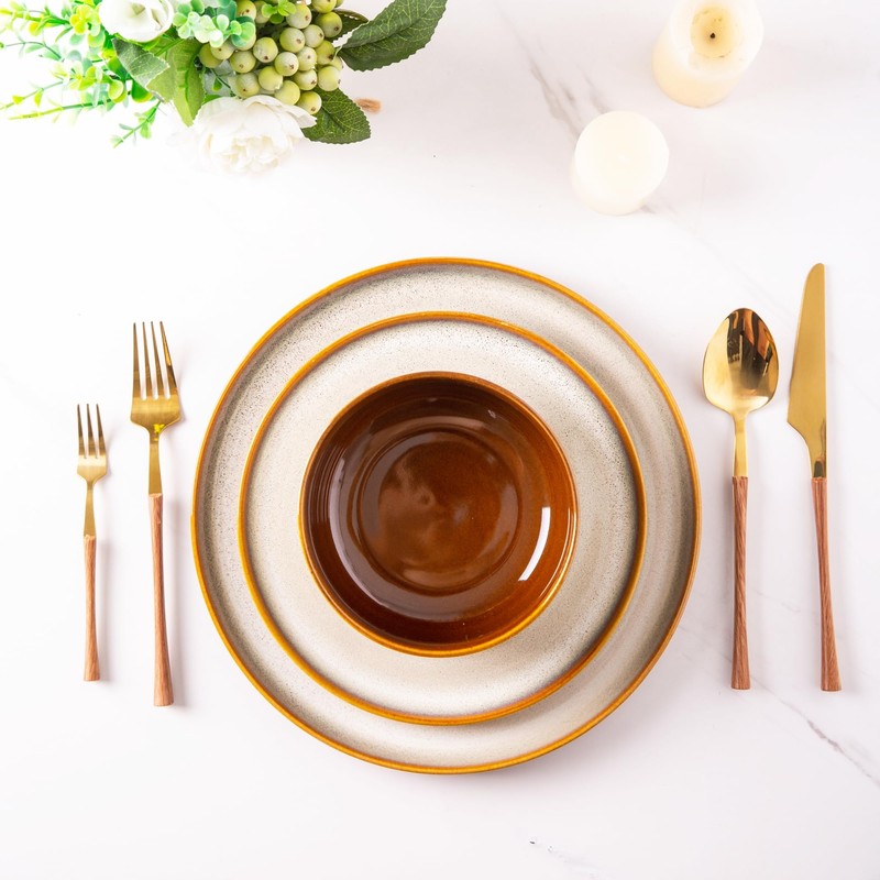 LeRatio Ceramic Dinnerware Sets,12-Piece Plates and Bowls,Handmade Reactive Glaze Dishes