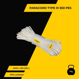 EdcX 4 mm Polyester Paracord 550 (15, 30 and 50 m) – 4 mm Type III, Tear-Resistant Parachute Cord for Survival Made of 100% Polyester with 7 Wires | Solid Colours (White, 15 m)