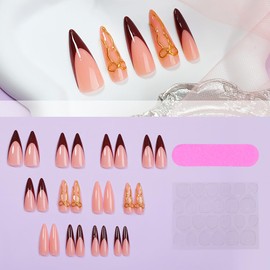 24Pcs French Tip Press on Nails Long Stiletto Gold Bow Fake Nails Glue on Nails Bows Charms False Nails with Glossy Reusable Red French Acrylic Nails Full Cover Nail Tips for Women Girl Nail Designs