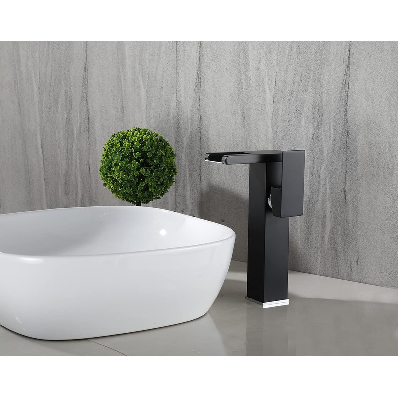 Black Bathroom Vessel Faucet Led Light 3 Color Changing Waterfall