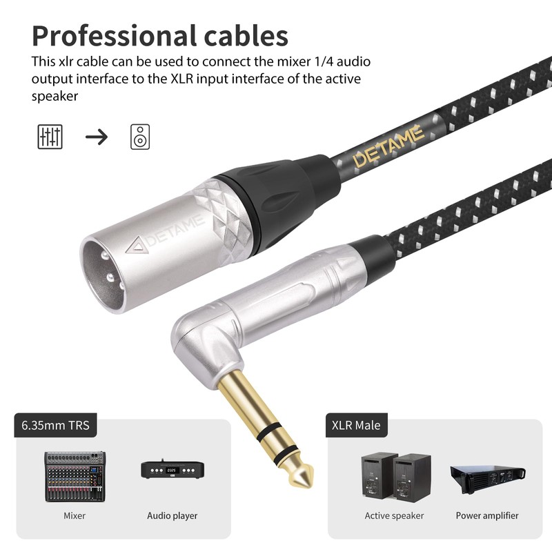 DETAME 6FT Right Angle 1/4 TRS to XLR 3Pin Male