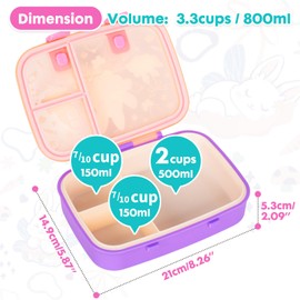 PinkSheep Bento Lunch Boxes for Kids, 800ml BPA-Free Leak-Proof Children Food Containers with 3 Compartments (Rabbit)