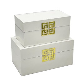 Galt International Large & Small Decorative Storage Box w/Hinged Lid - Classic Design Wood Decor Boxes with Geometric Opening Clasp - Home & Office Storage - Set of 2 (White + Gold)