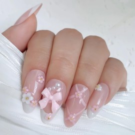 24PCS Blush Pink French Almond Press-On Nails – Medium Length Fake Nails with 3D Bow & Flower Design, Soft Back & Durable Tip, Reusable Stick-On Nail Tips with Glue & Tools for Women