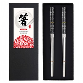 DONGDA 2 Pairs Metal Chopsticks Couple Set, Reusable Chopsticks 304 Stainless Steel Chopsticks, Dishwasher Safe Chop Sticks Laser Engraved, Premium Korean Japanese Chinese Chopstick Gift Set, Silver